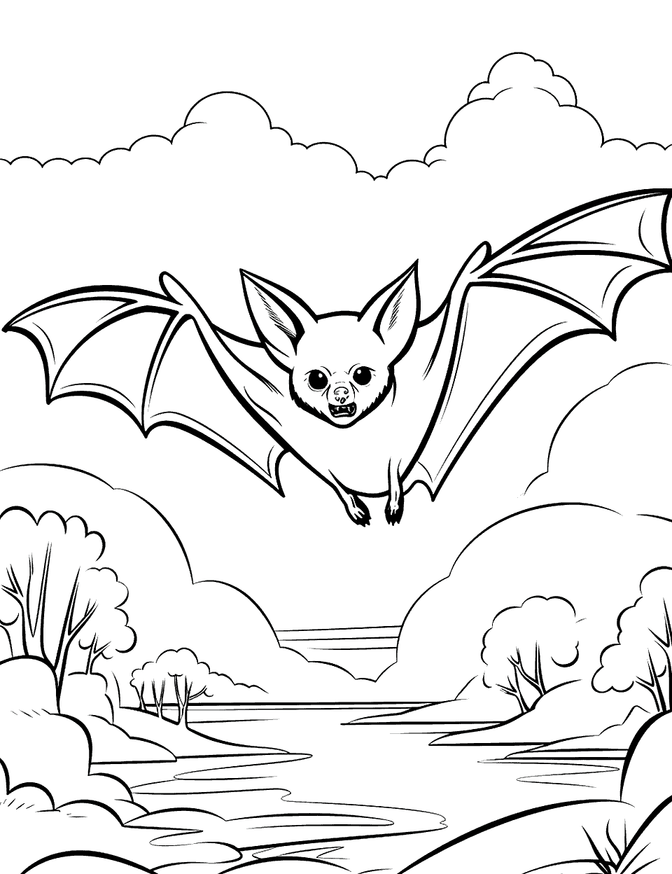 Flying Fox Over a River Bat Coloring Page - A flying fox bat soaring over a serene river.