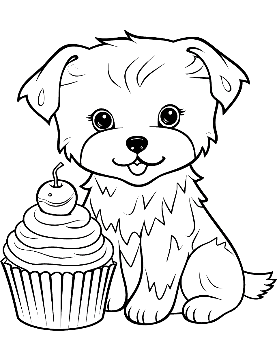 Puppy and Cupcake Coloring Page - A cute puppy sitting next to a large cupcake.