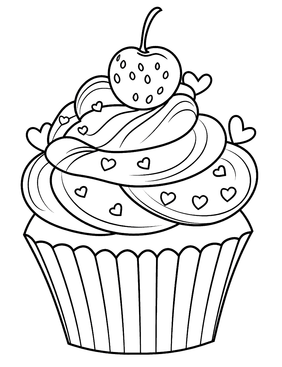 Valentine's Day Cupcake Coloring Page - A heart-shaped cupcake with red and pink frosting in celebration of Valentine’s Day.