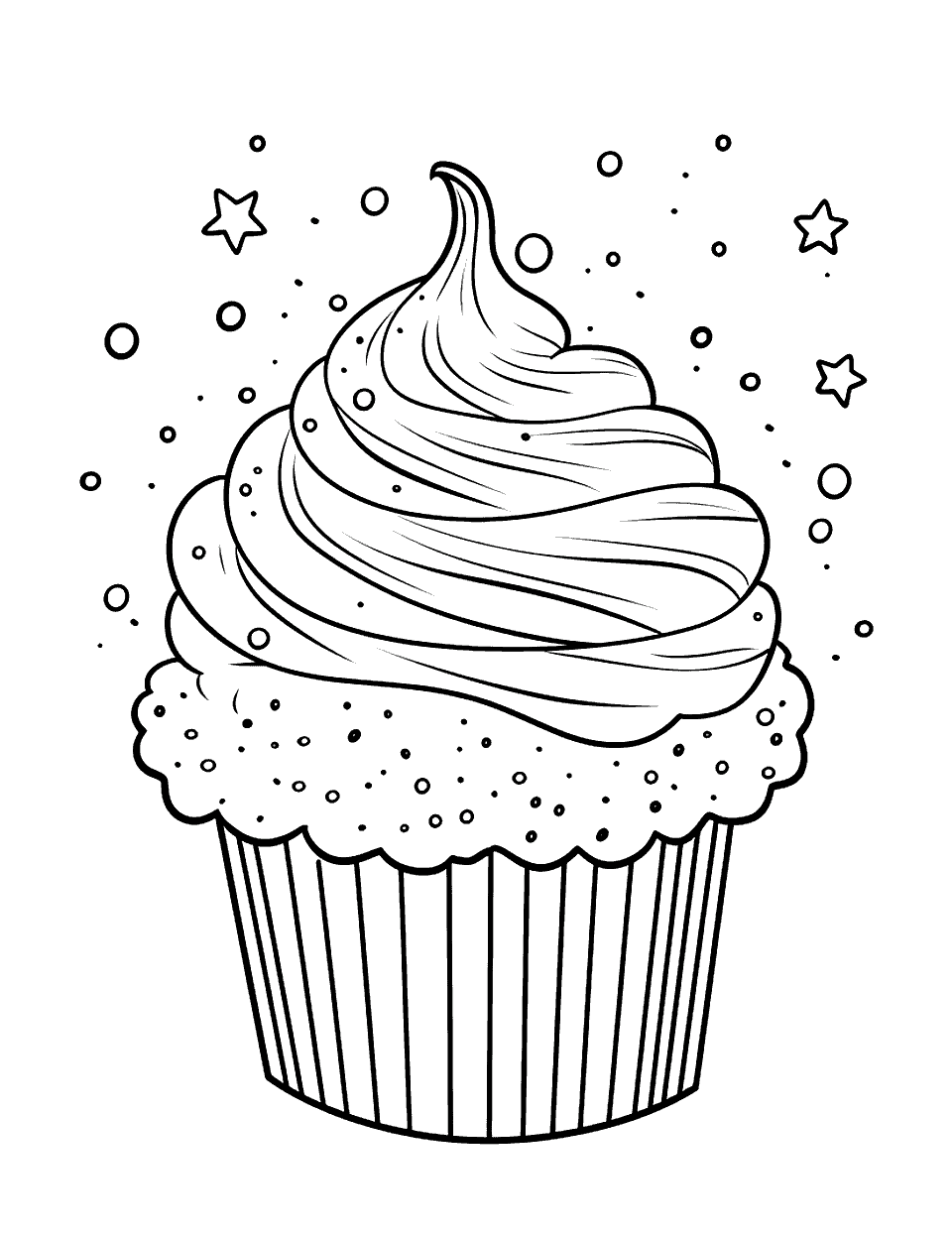 Sprinkle Explosion Cupcake Coloring Page - A cupcake covered in sprinkles.