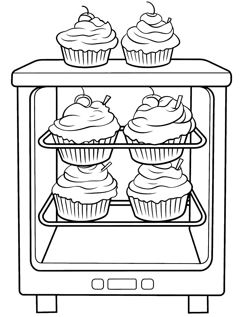 Cupcake in the Oven Coloring Page - A scene showing a cupcake baking inside an oven.