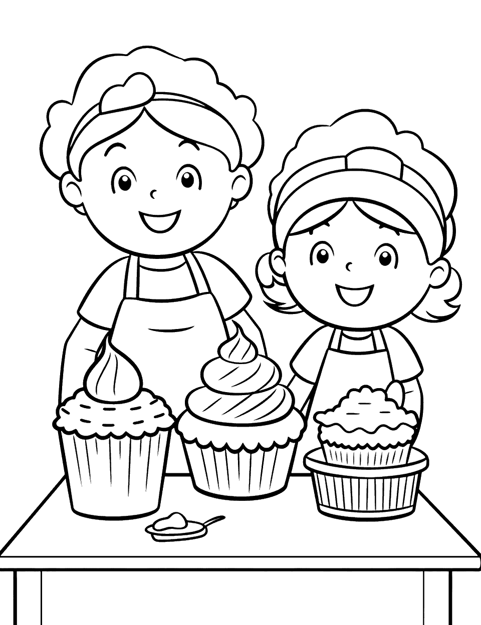 Baking Time in the Kitchen Cupcake Coloring Page - A kitchen scene with cupcakes being prepared on the counter.