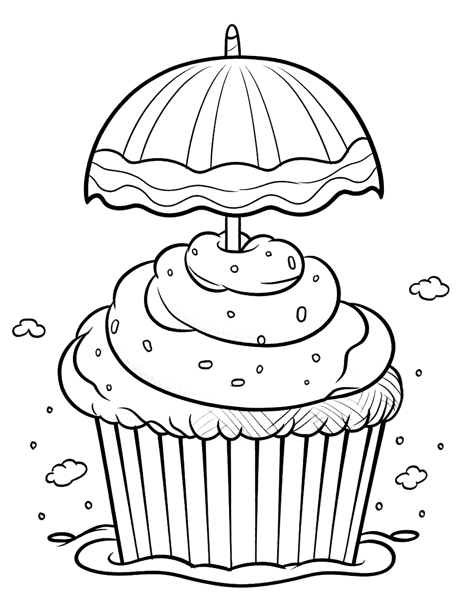 Beach Day Cupcake Coloring Page - A cupcake decorated with a beach theme, including a tiny umbrella.