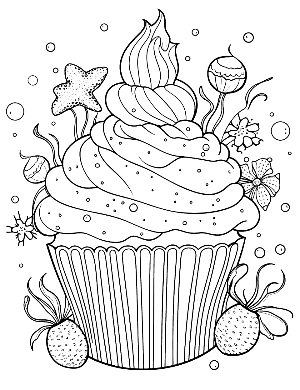 Underwater Cupcake Scene Coloring Page - A cupcake decorated with an ocean theme.