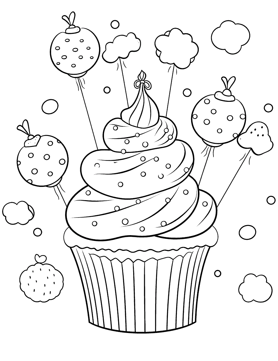 Cupcake and Balloons Coloring Page - A scene with a giant balloon cupcake getting carried by balloons in the sky.