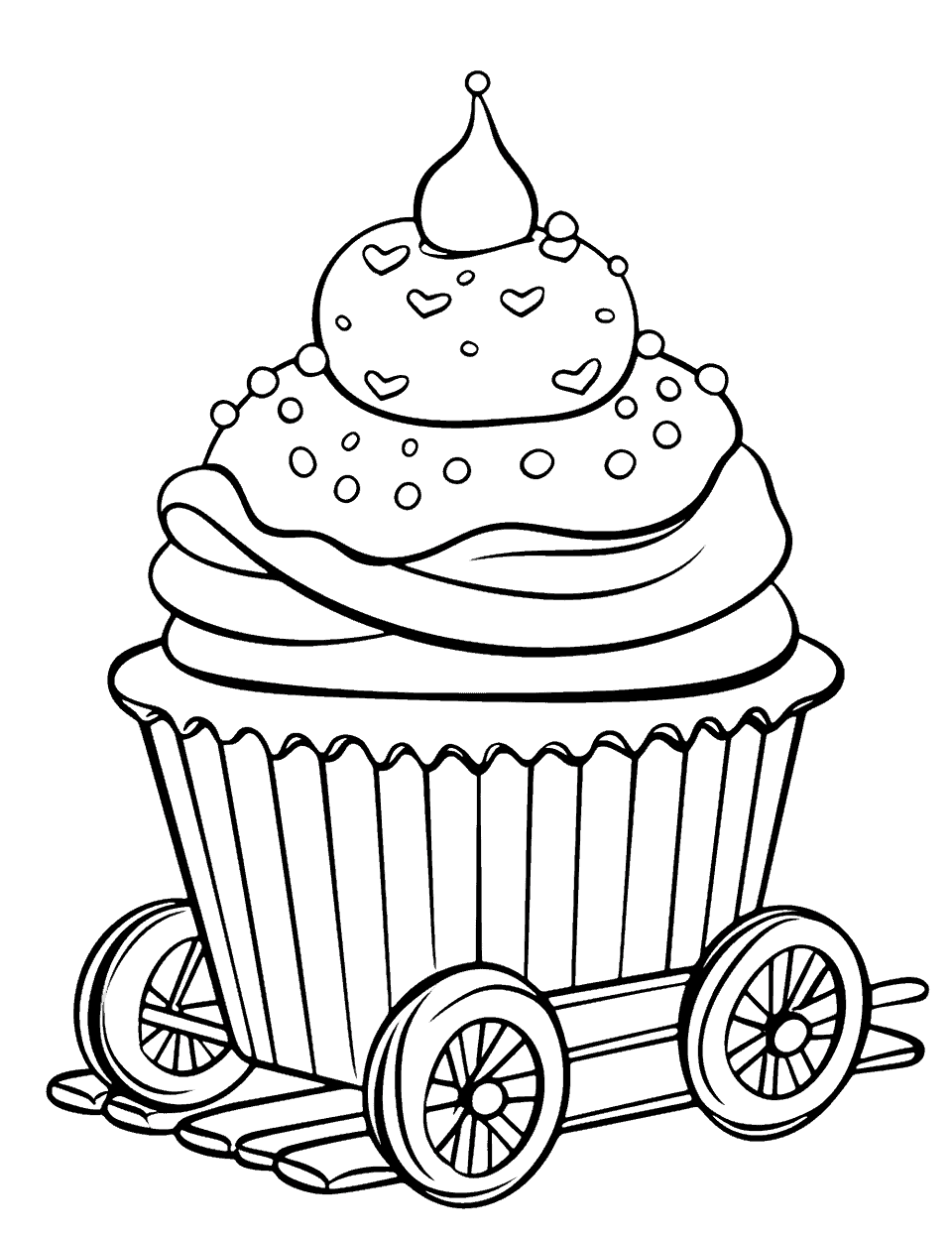 Train-Themed Cupcake Coloring Page - A cupcake decorated with toy train features.