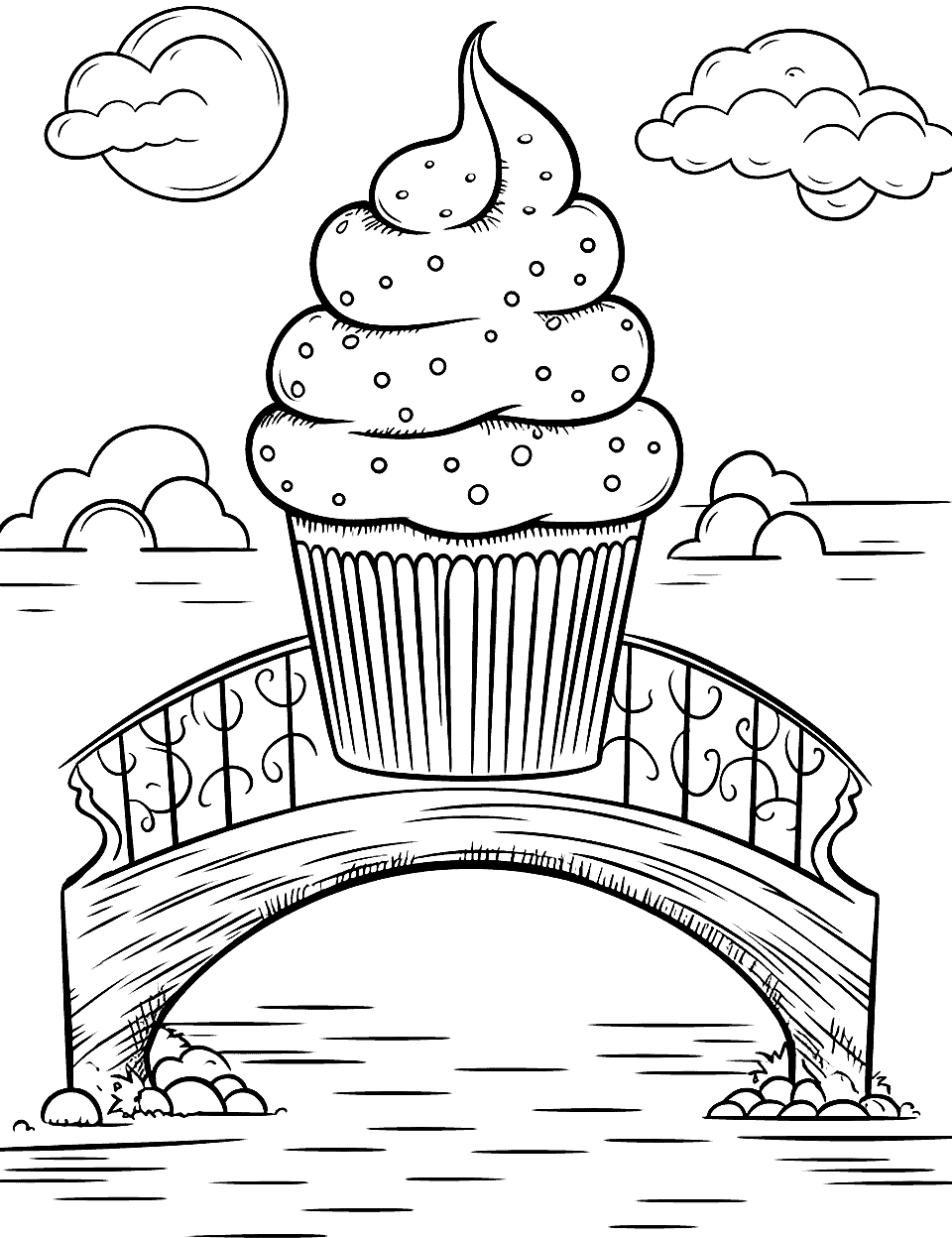 Cupcake and a Bridge Coloring Page - A scene with a cupcake and a magical bridge.