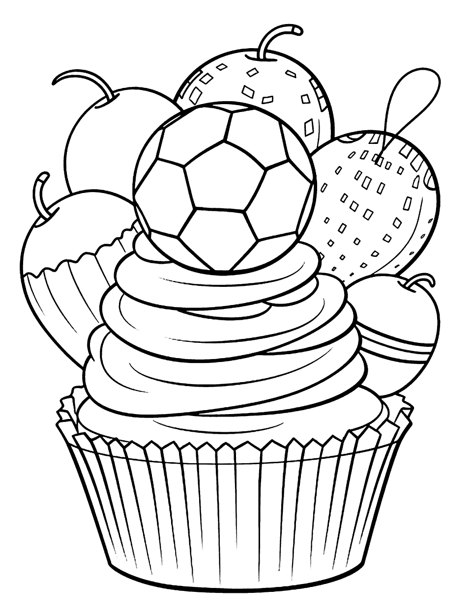 Sports-Themed Cupcake Coloring Page - A cupcake decorated with a candy sport ball.