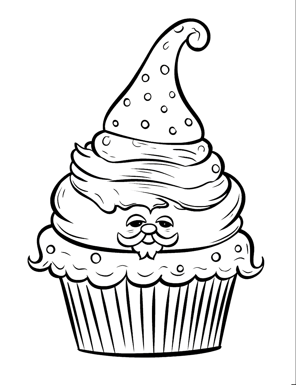 Cupcake Wizard Coloring Page - A magical cupcake that looks like a wizard’s head with a hat.