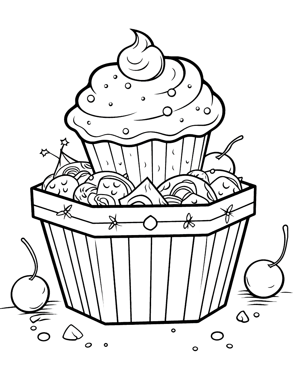 Cupcake and a Treasure Chest Coloring Page - A cupcake in a treasure chest filled with jewels.