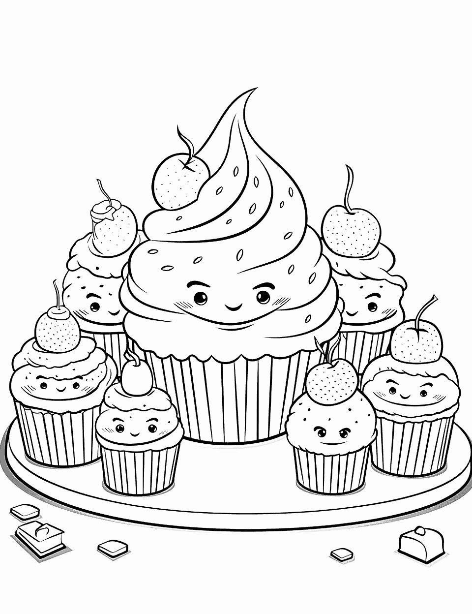 Kawaii Cupcake Party Coloring Page - A table filled with kawaii-style cupcakes decorated with rainbow sprinkles.