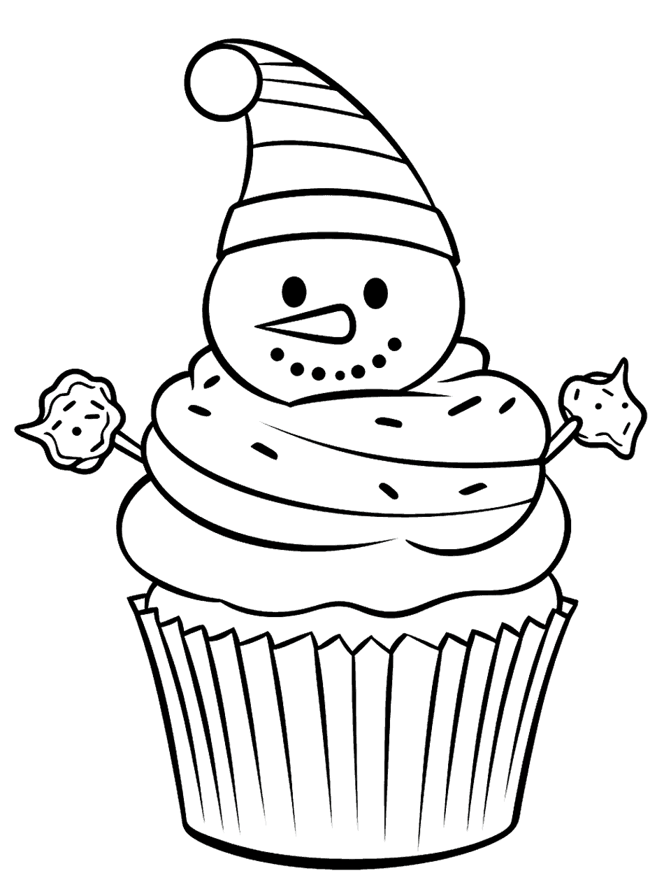 Cupcake and a Snowman Coloring Page - A cupcake desinged like a snowman.