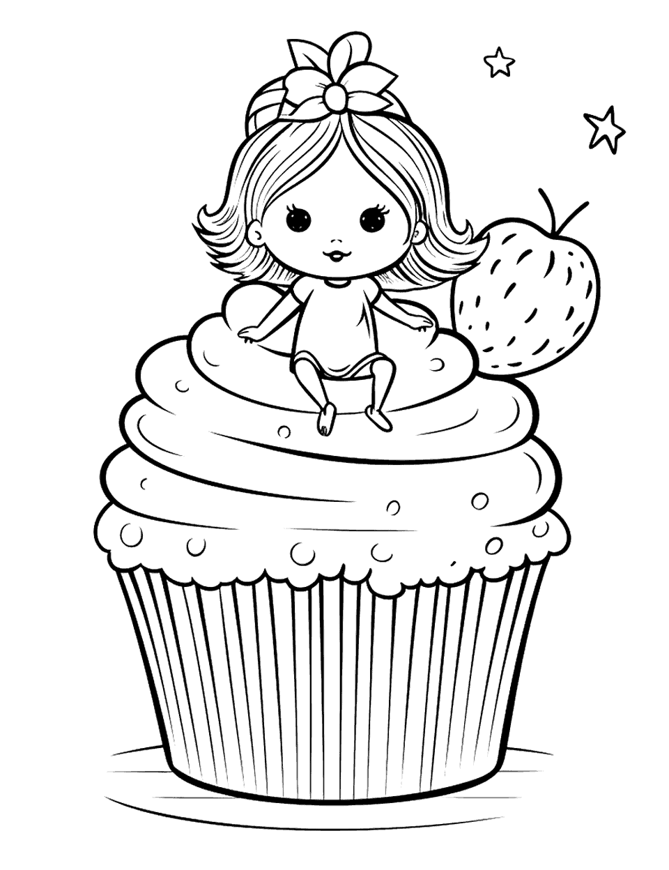 Cupcake and a Fairy Coloring Page - A cupcake with a tiny fairy sitting on top of it.