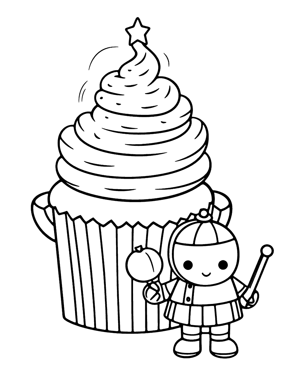 Knight and Cupcake Coloring Page - A cupcake beside a small toy knight in candy armor.