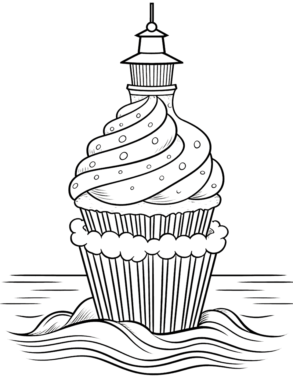 Cupcake Lighthouse Coloring Page - A cupcake designed like a lighthouse with foam decoration that looks like a sea around it.