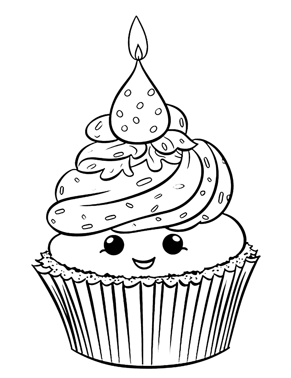 Birthday Celebration Cupcake Coloring Page - A festive scene with a cupcake topped with a single candle, ready for a birthday party.