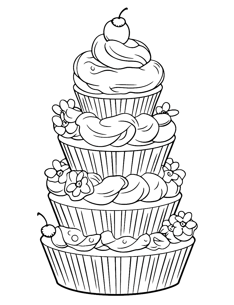 Fancy Cupcake Tower Coloring Page - A tall tower of elaborately decorated cupcakes.