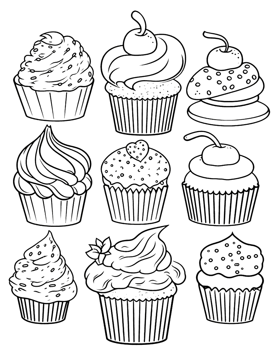 Dessert Galore Cupcake Coloring Page - An assortment of different cupcakes and other desserts spread out.