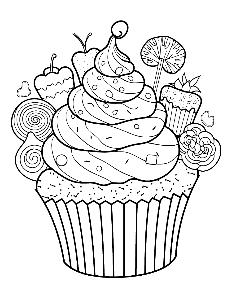 Candy Wonderland Cupcake Coloring Page - A cupcake decorated with various types of candy.