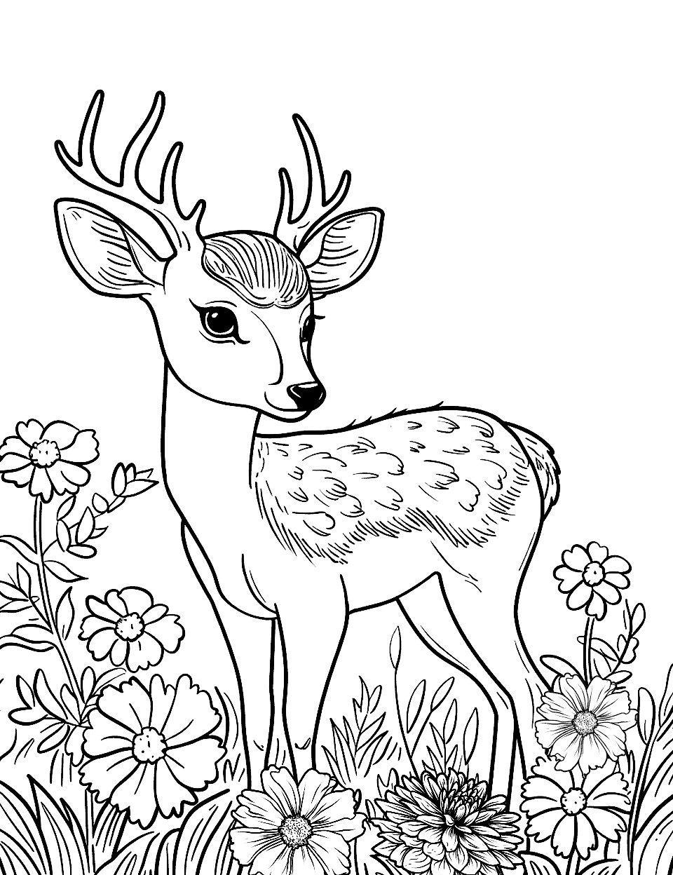 Cute Baby Deer in a Meadow Coloring Page - A small, adorable baby deer standing in a meadow full of flowers.