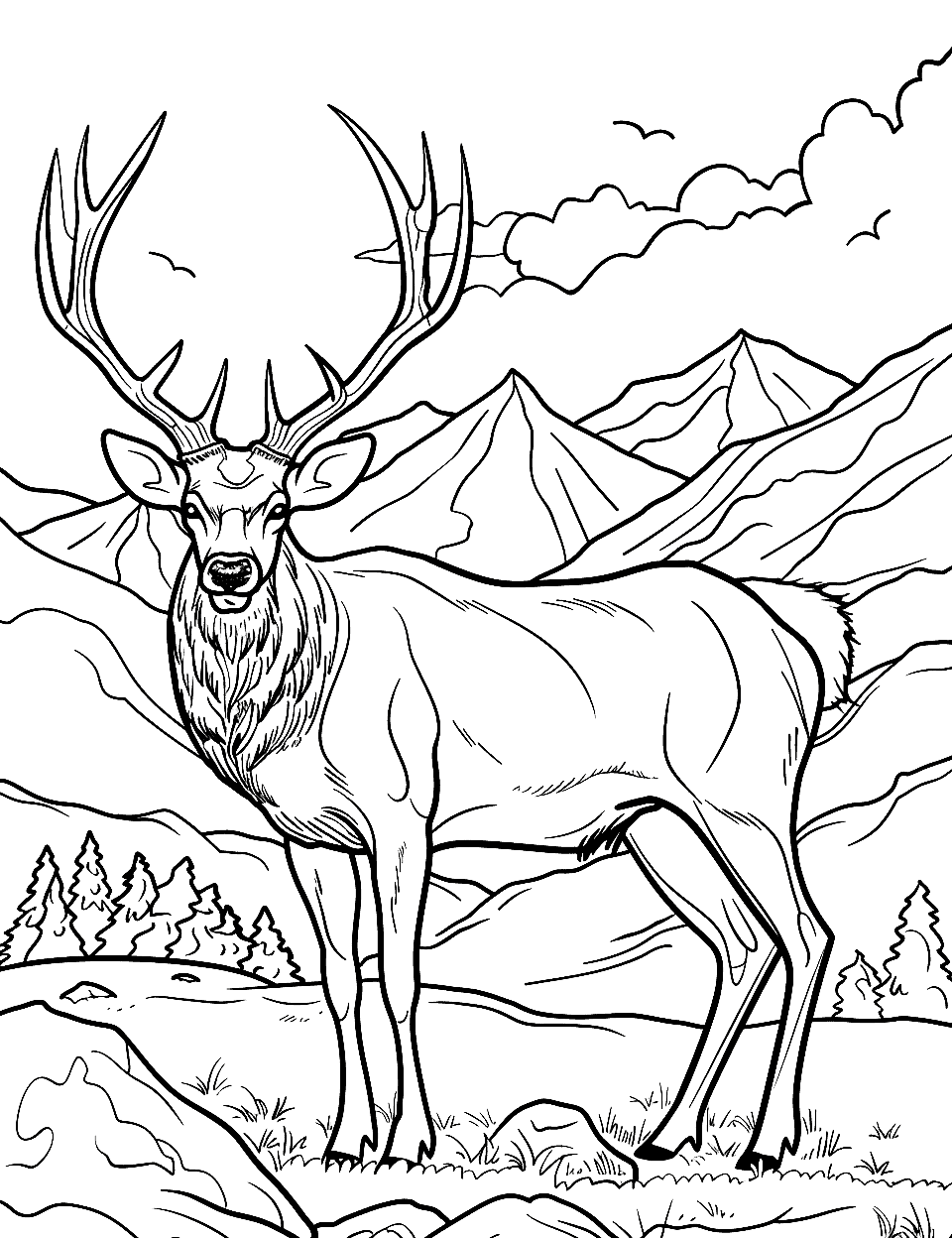 Elk in the Rocky Mountains Coloring Page - A majestic elk standing with a backdrop of towering mountains.