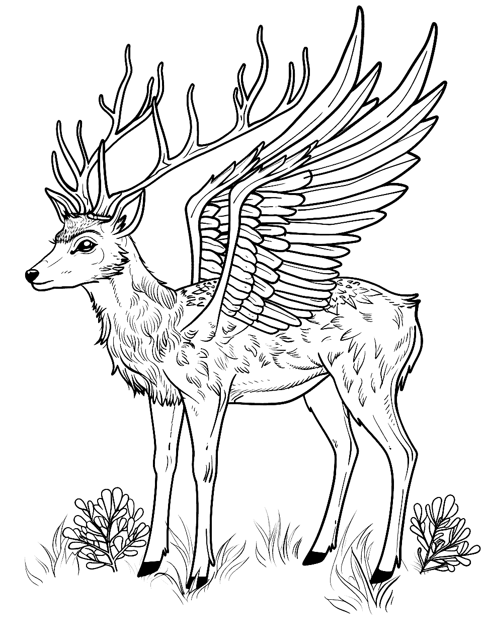 Fantasy Deer with Wings Coloring Page - A mythical scene with a deer that has large, feathery wings.