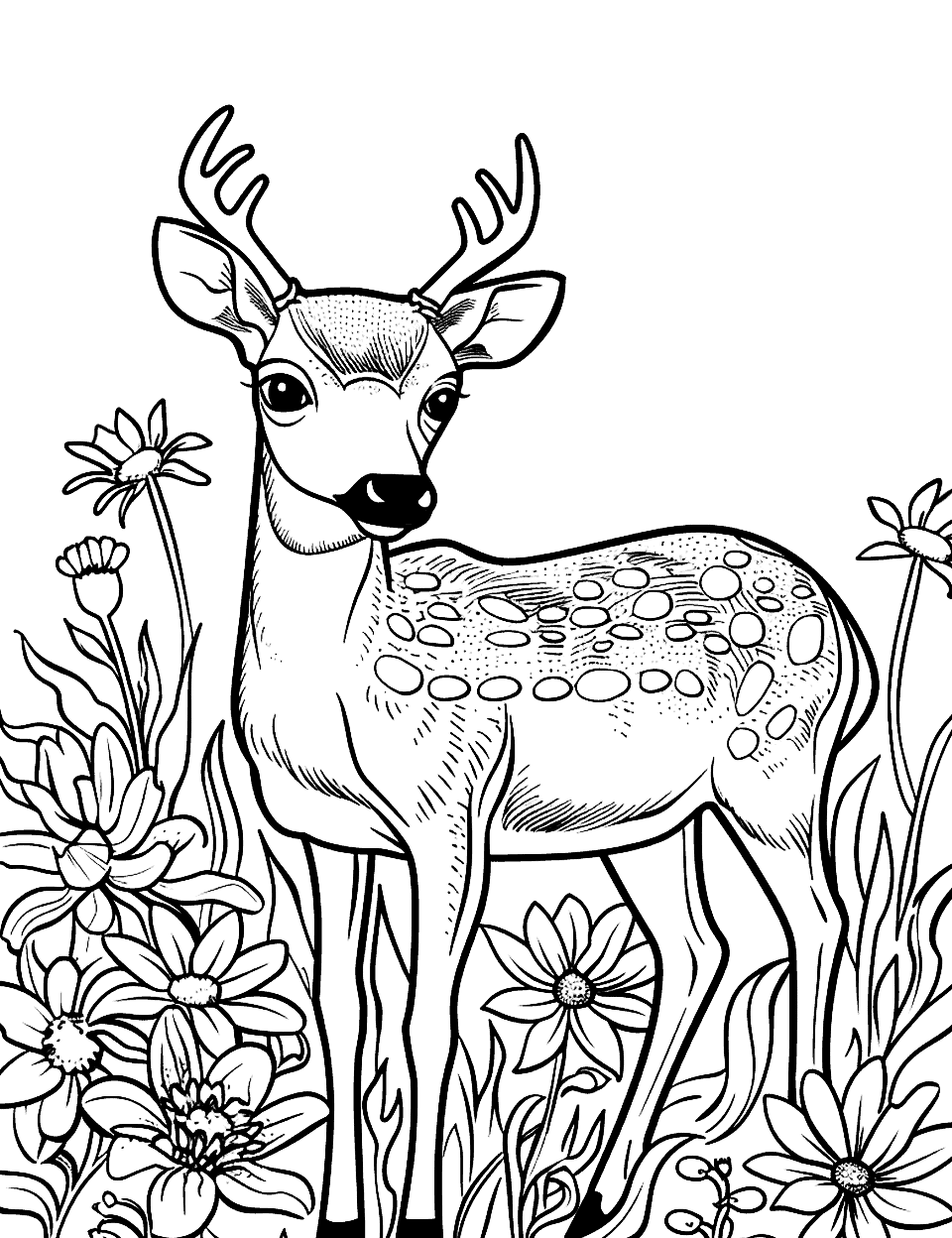 Deer Surrounded by Wildflowers Coloring Page - A peaceful scene of a deer surrounded by a variety of wildflowers.