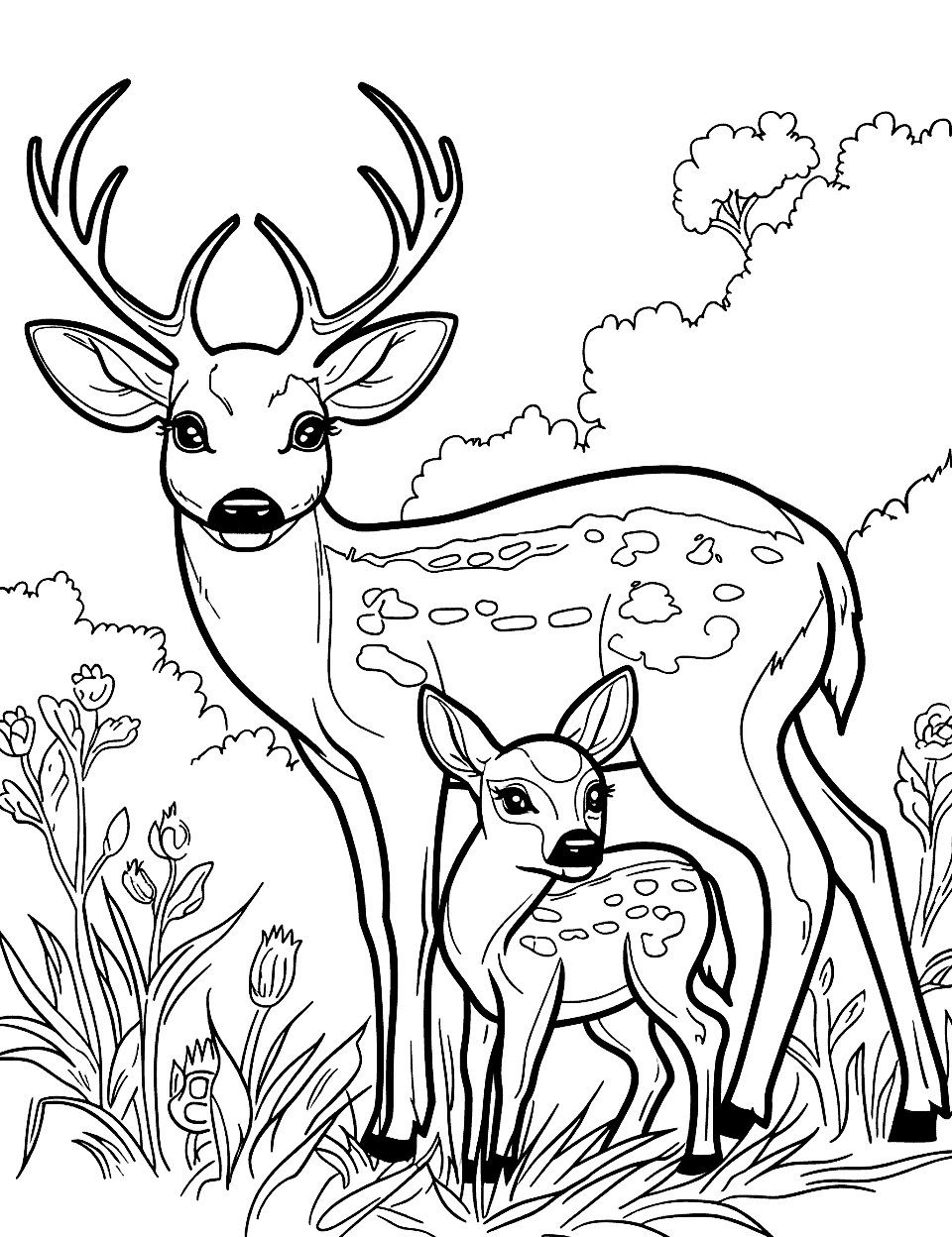 Mother Deer and Fawn in Spring Coloring Page - A mother deer and her fawn enjoying the fresh spring grass.