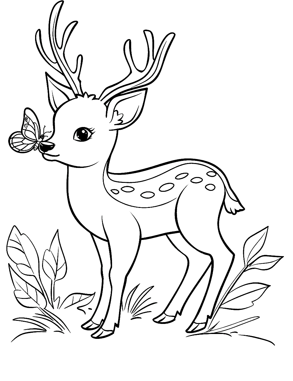Baby Deer with Butterfly on Nose Coloring Page - A cute baby deer with a butterfly perched on its nose.