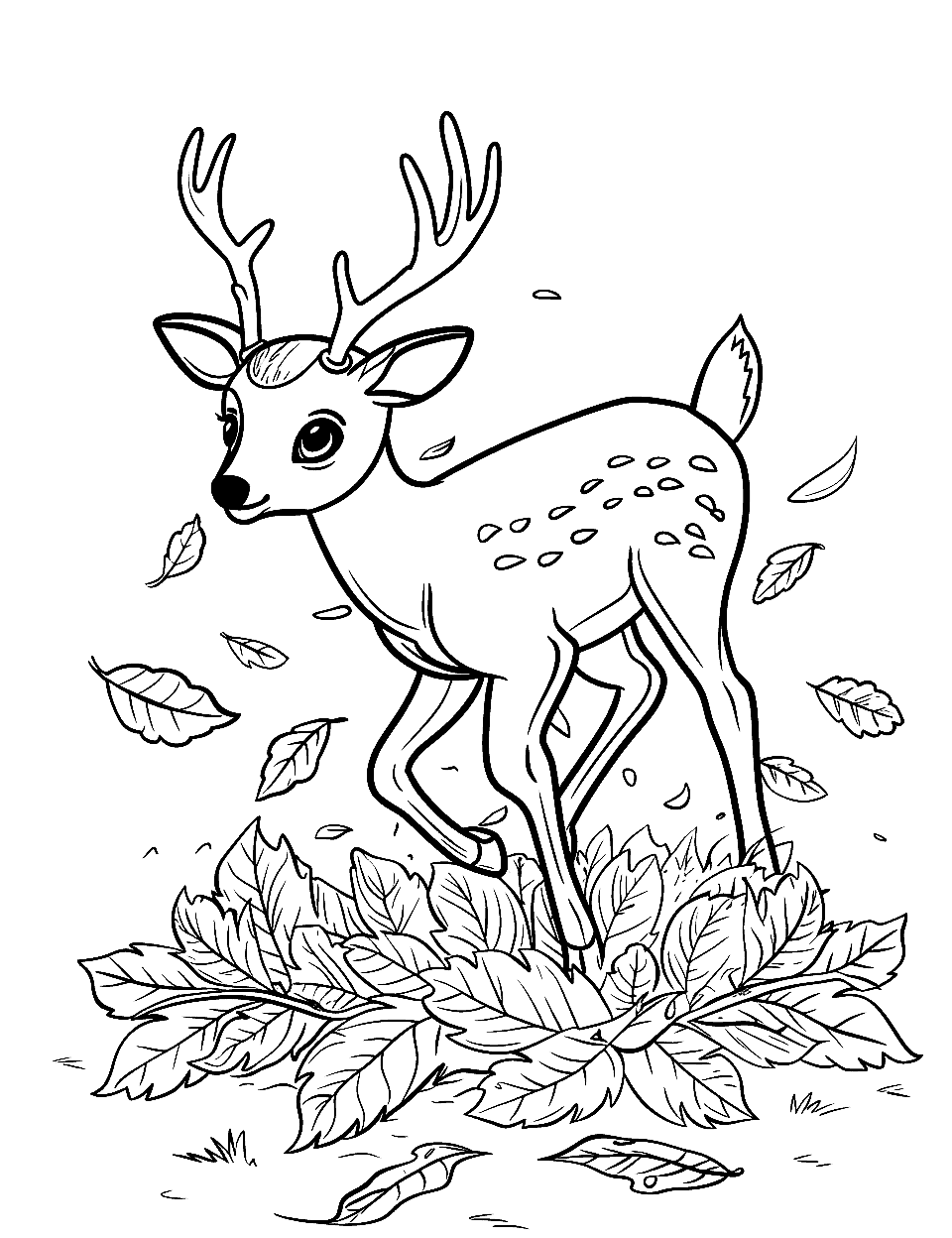 Fawn Playing in Autumn Leaves Coloring Page - A playful fawn jumping through piles of colorful fall leaves.