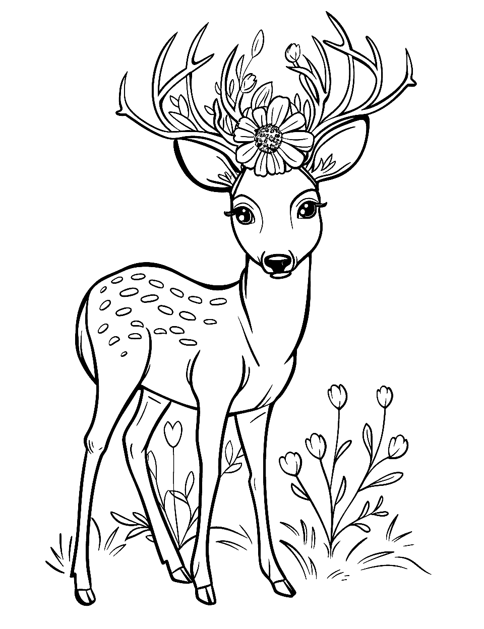 Deer with Flower Crown Coloring Page - A gentle deer adorned with a crown made of wildflowers.