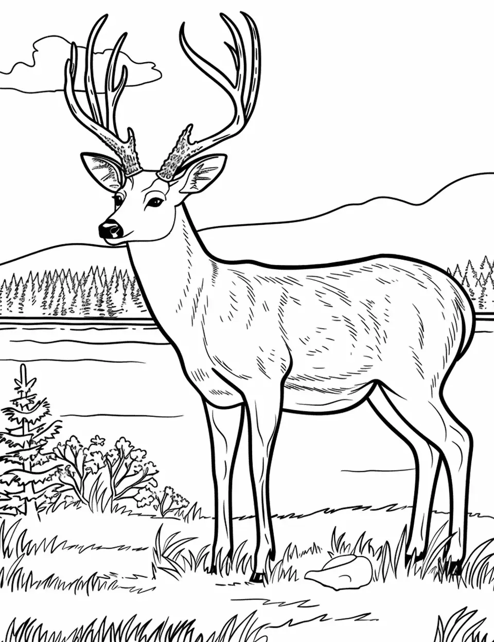 Realistic Buck by the Lake Coloring Page - A majestic buck standing beside a serene lake.