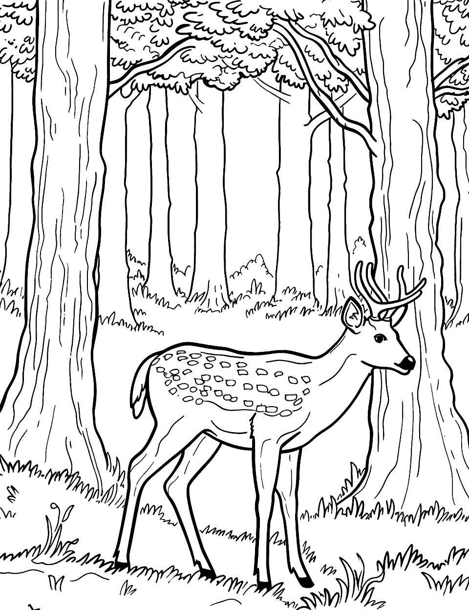 Fantasy Deer in a Forest Coloring Page - A deer exploring a mystical forest filled with trees.