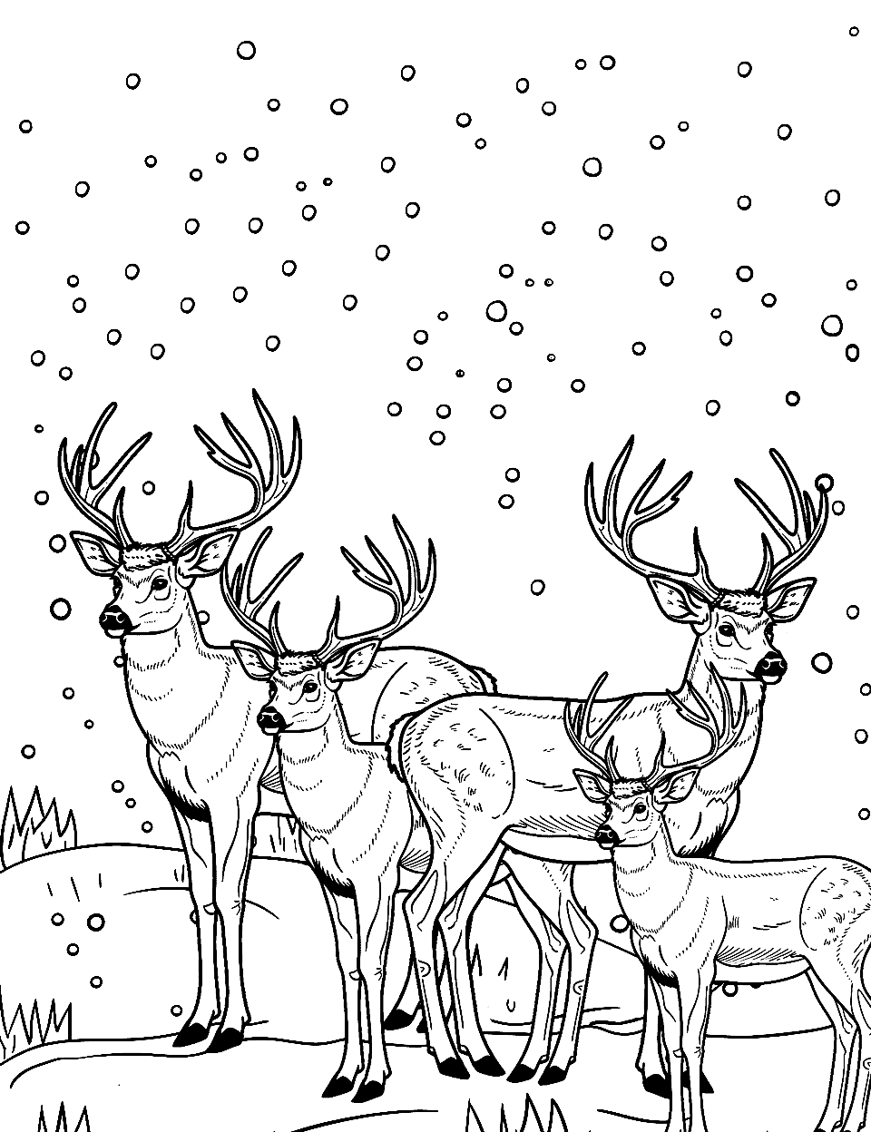 Winter Deer Family Gathering Coloring Page - A group of deer huddled together in a snowy landscape for warmth.