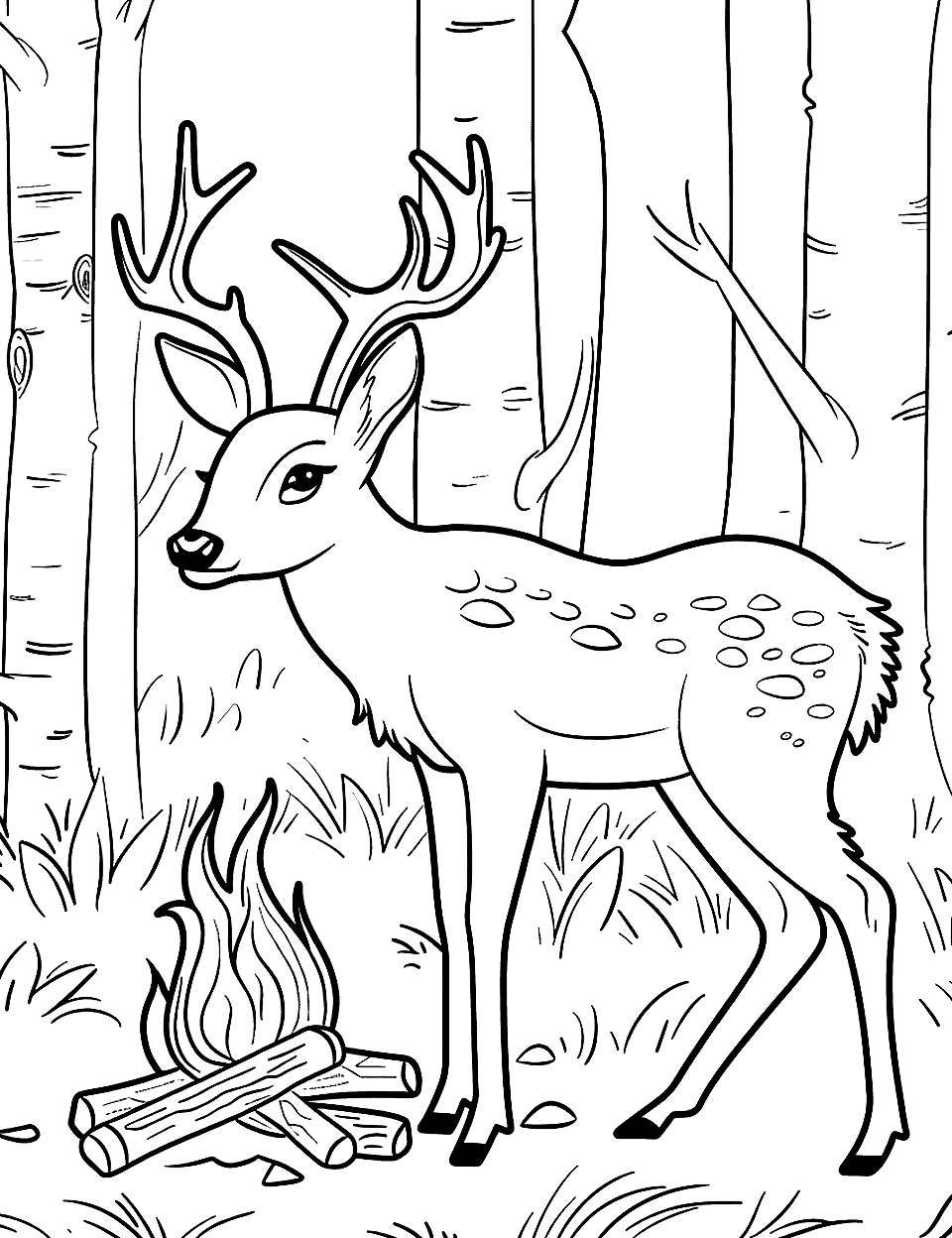 Deer by a Cozy Campfire Coloring Page - A scene of a deer curiously observing a small, cozy campfire in the woods.