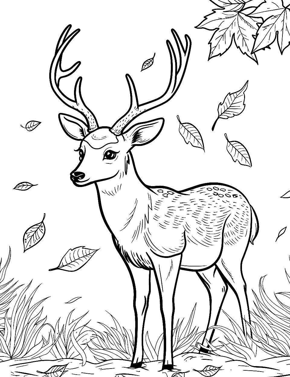 Deer with Falling Leaves Coloring Page - A deer with a backdrop of autumn leaves gently falling.