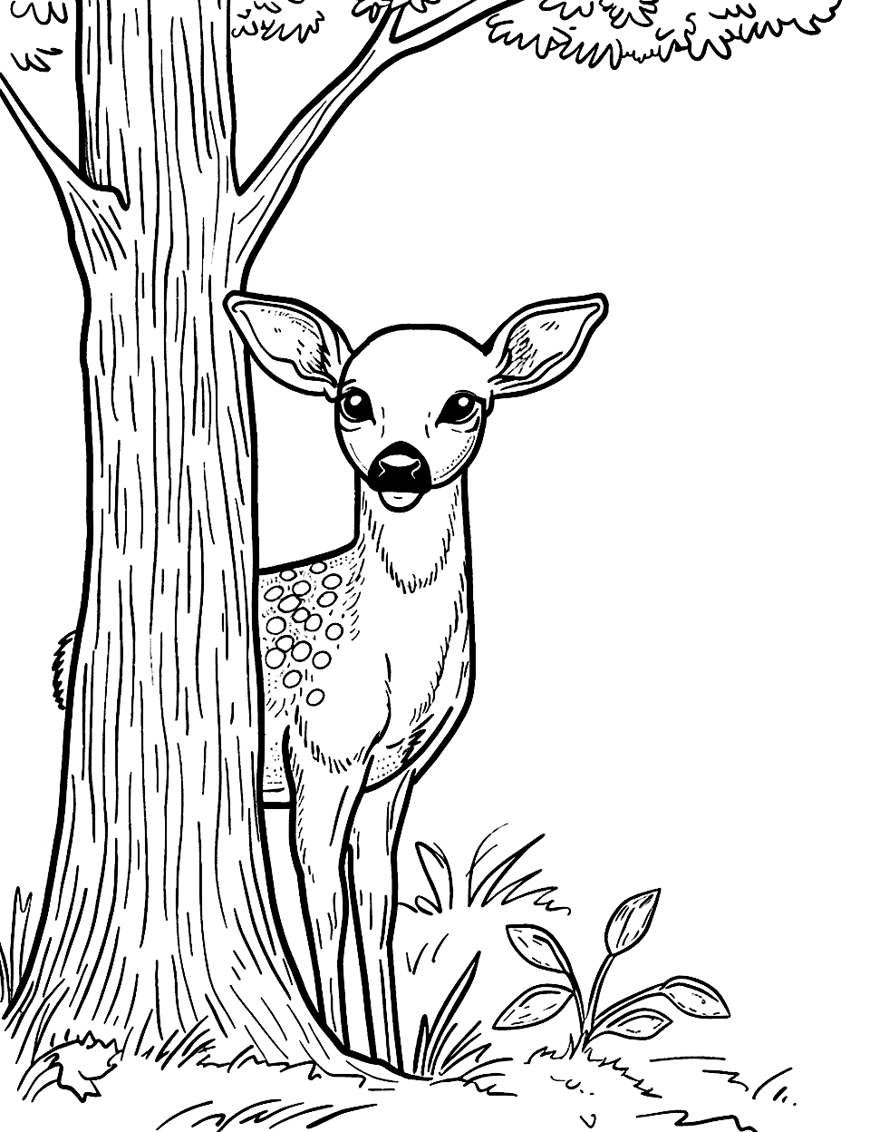 Fawn Hiding Behind a Tree Coloring Page - A shy fawn peeking out from behind a tree trunk.