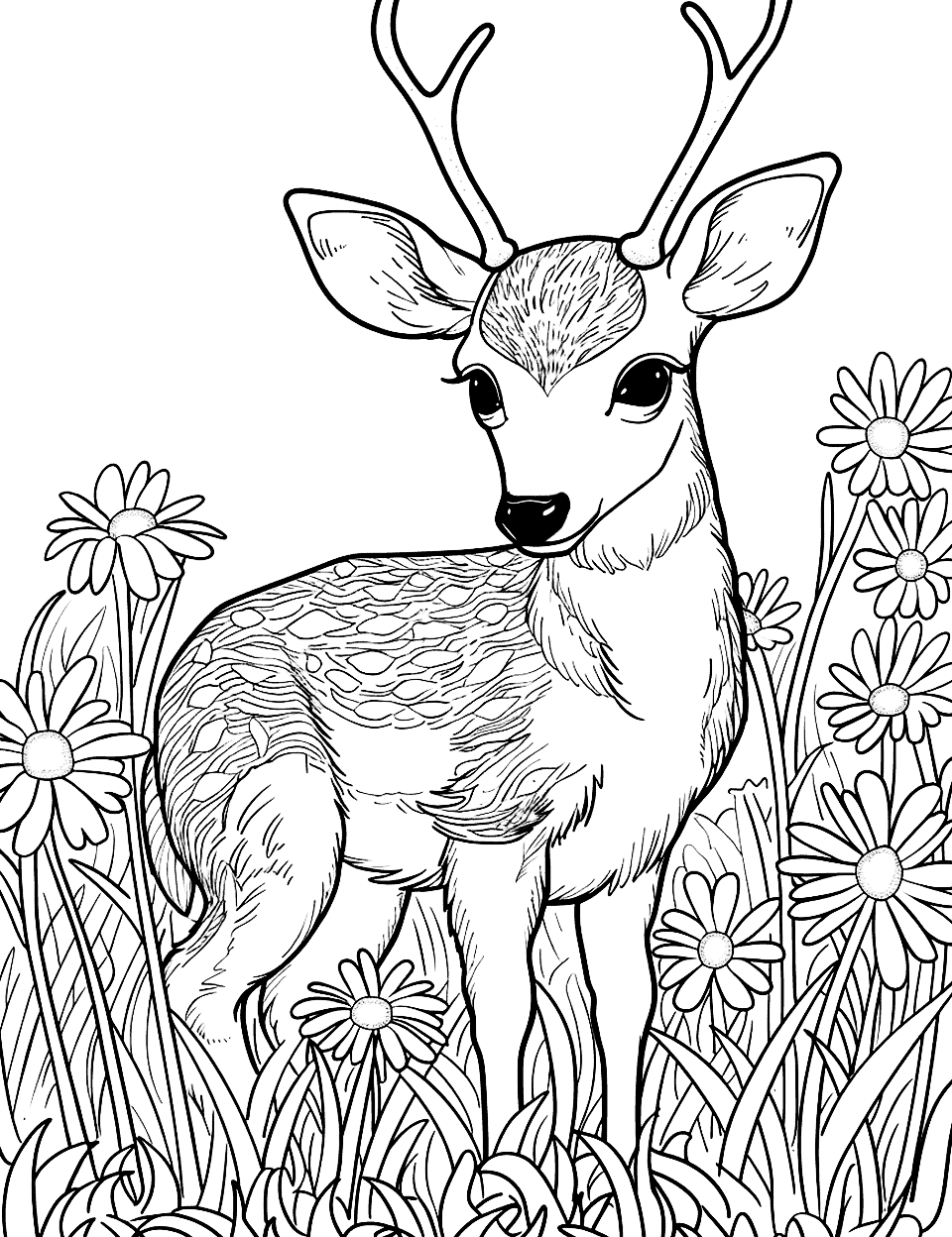 Baby Deer Amongst Daisies Coloring Page - A baby deer surrounded by white daisies in a field.