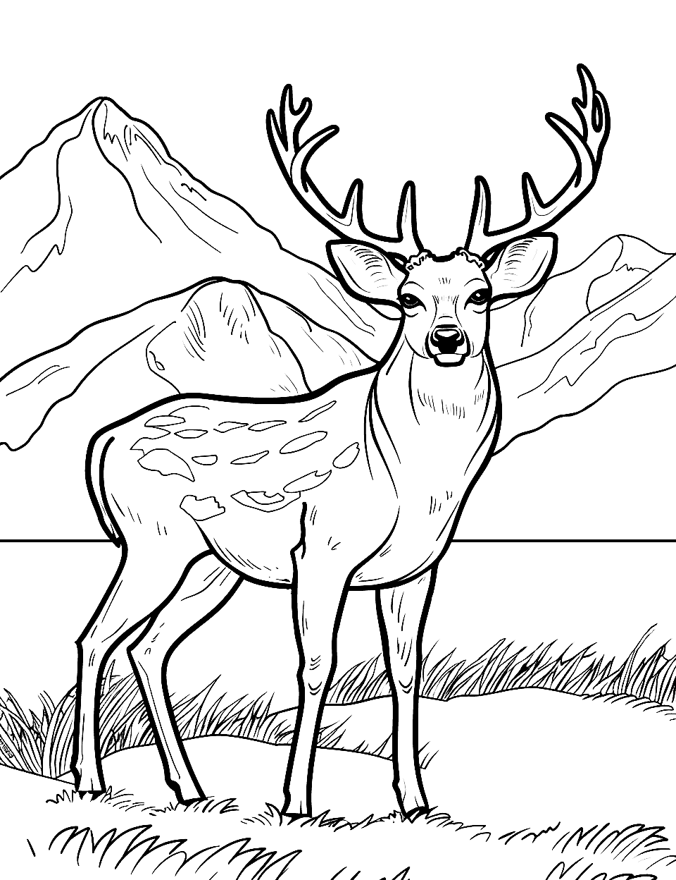 Deer with Snow-Capped Mountains Coloring Page - A serene deer with majestic snow-capped mountains behind.