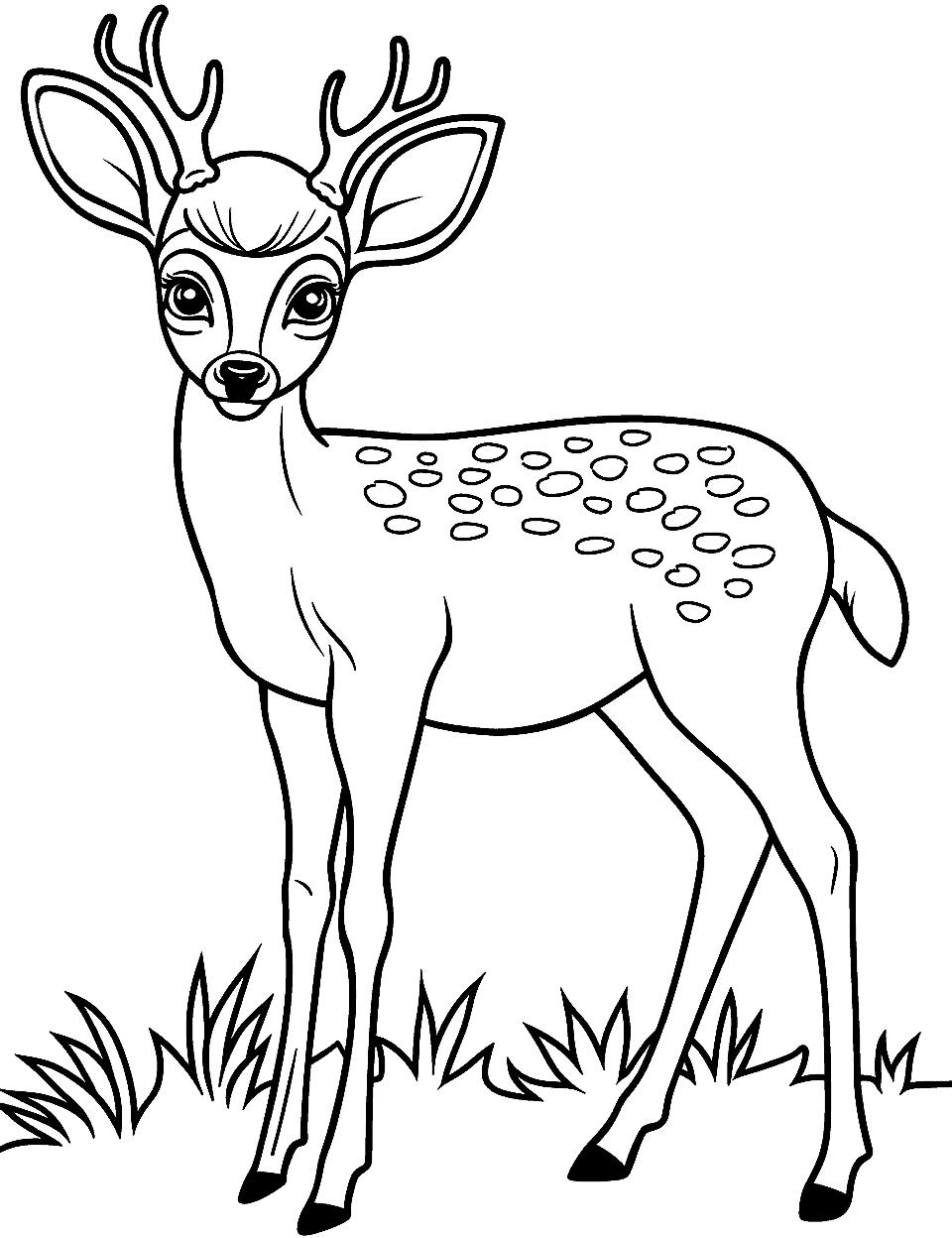 Baby Deer with Spots Coloring Page - A close-up of a baby deer, focusing on its innocent eyes and spotted fur.