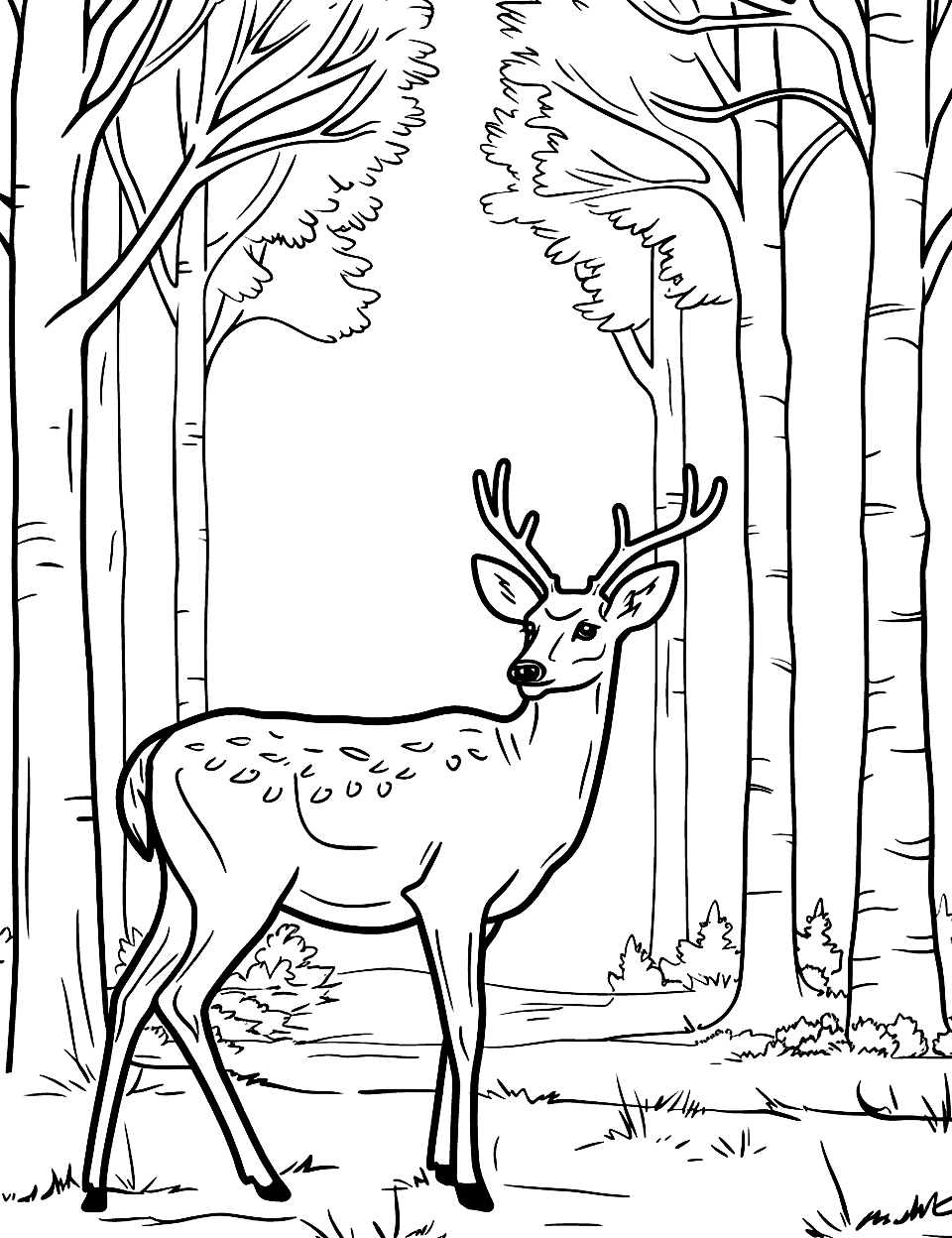 Deer Under a Canopy of Trees Coloring Page - A deer walking under a canopy of tall trees.