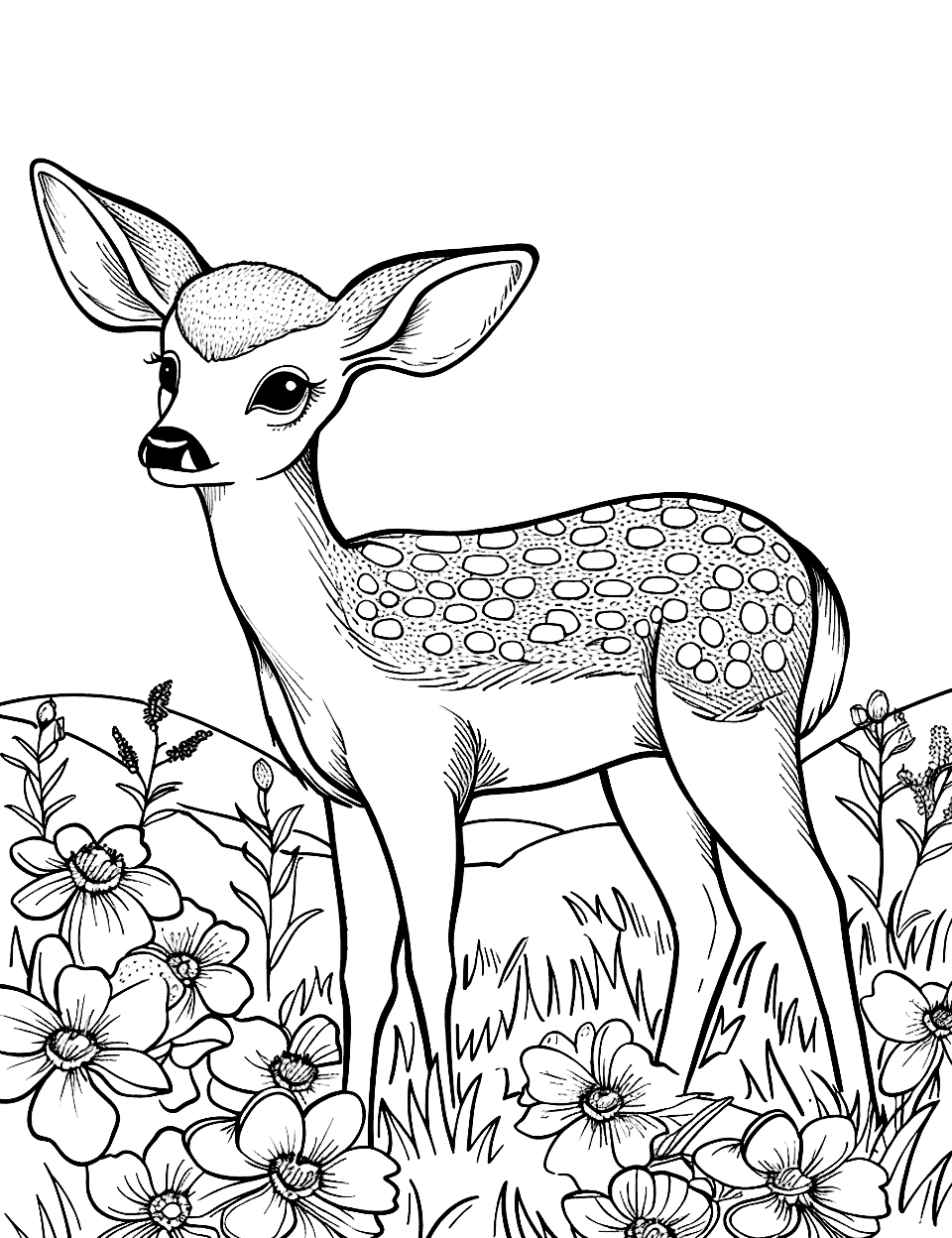 Fawn Amongst Spring Flowers Coloring Page - A fawn standing in a field of vibrant spring flowers, looking playful.