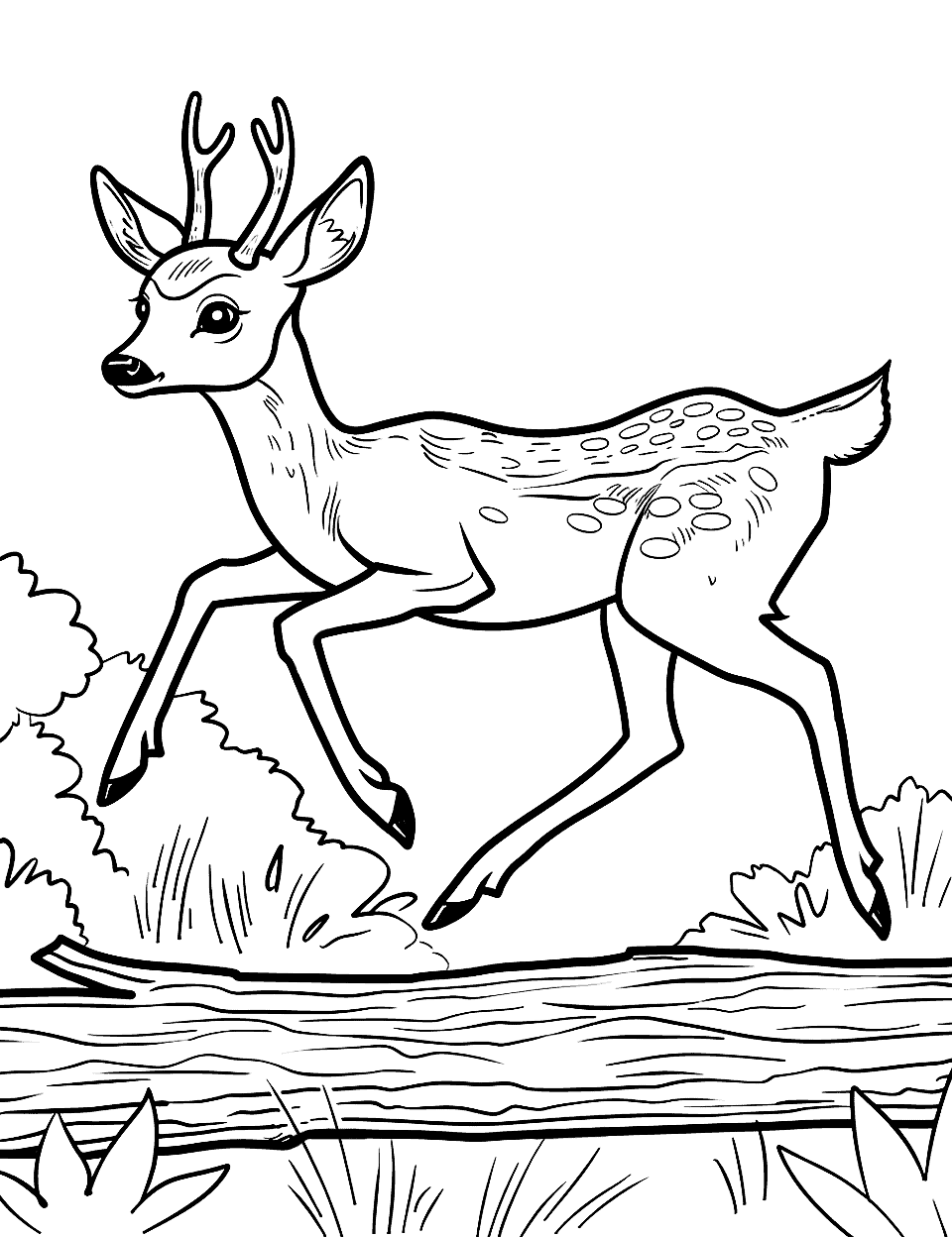 Deer Leaping Over a Log Coloring Page - An action scene of a deer gracefully leaping over a fallen log.