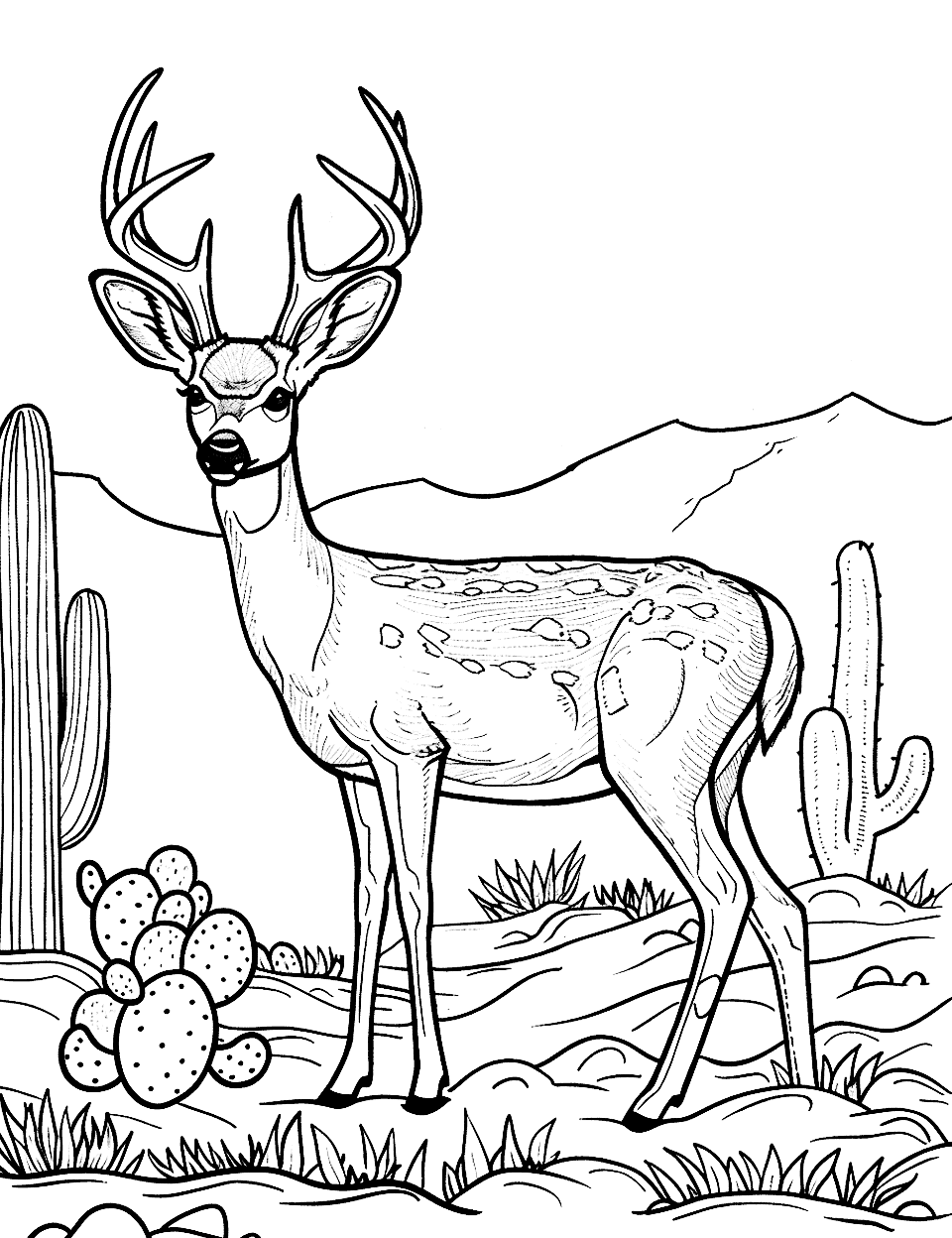 Mule Deer Amongst Cacti Coloring Page - A mule deer standing in a desert scene with several cacti around.