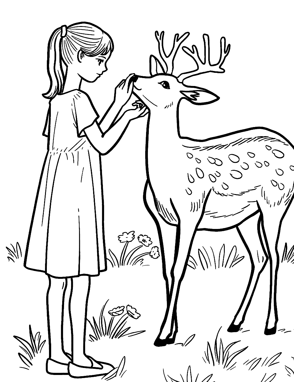 Girl Petting a Deer Coloring Page - A gentle scene of a girl petting a friendly deer.