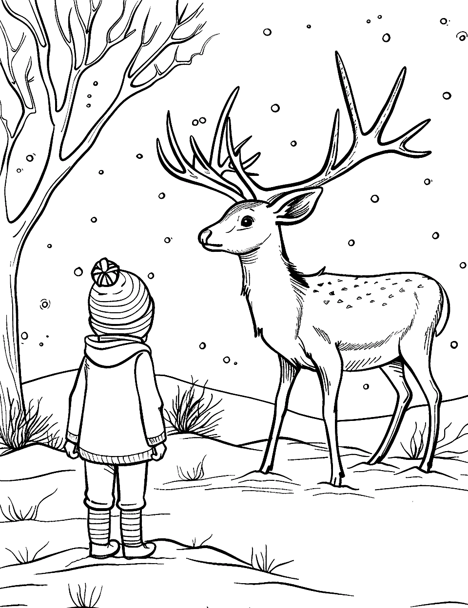 Boy on a Winter Deer Adventure Coloring Page - A boy warmly dressed, watching a deer in a snowy winter landscape.