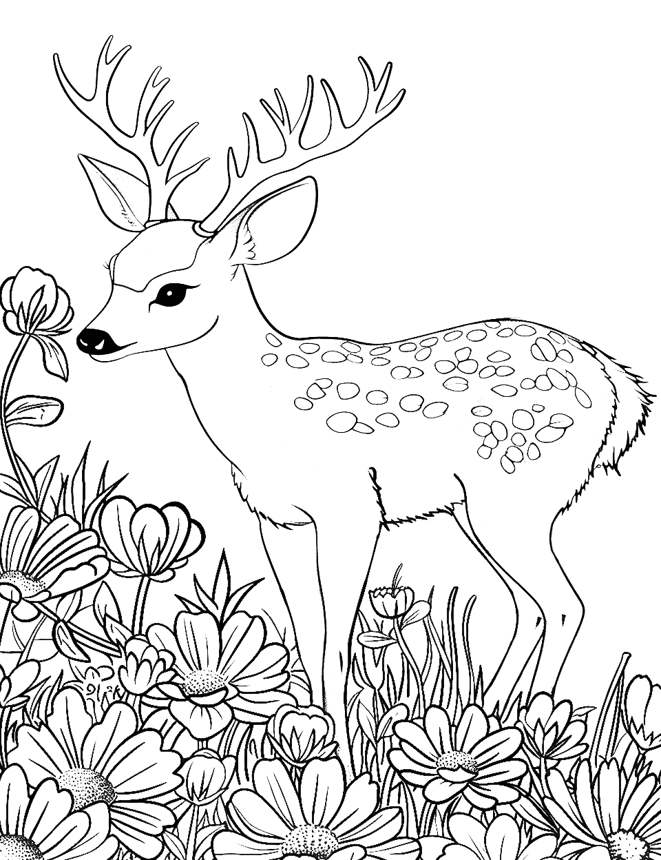 Small Deer by a Flower Garden Coloring Page - A diminutive deer sniffing flowers in a vibrant garden.