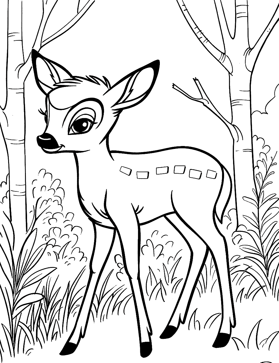 Bambi in the Forest Coloring Page - The classic image of Bambi standing in a light forest, looking curious.
