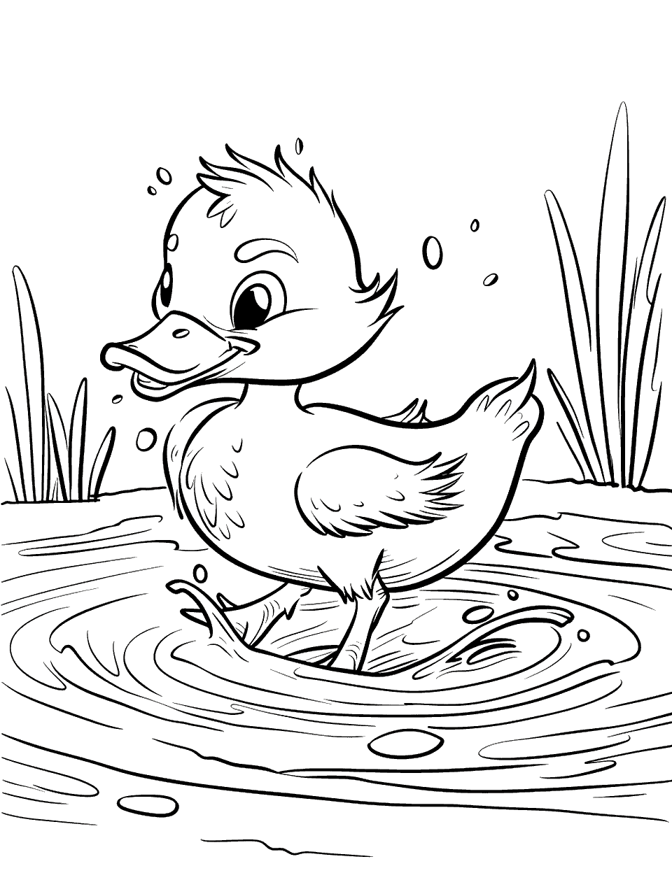 Baby Duck Splashing in a Pond Coloring Page - A cheerful baby duck splashing around in a small pond with ripples around it.