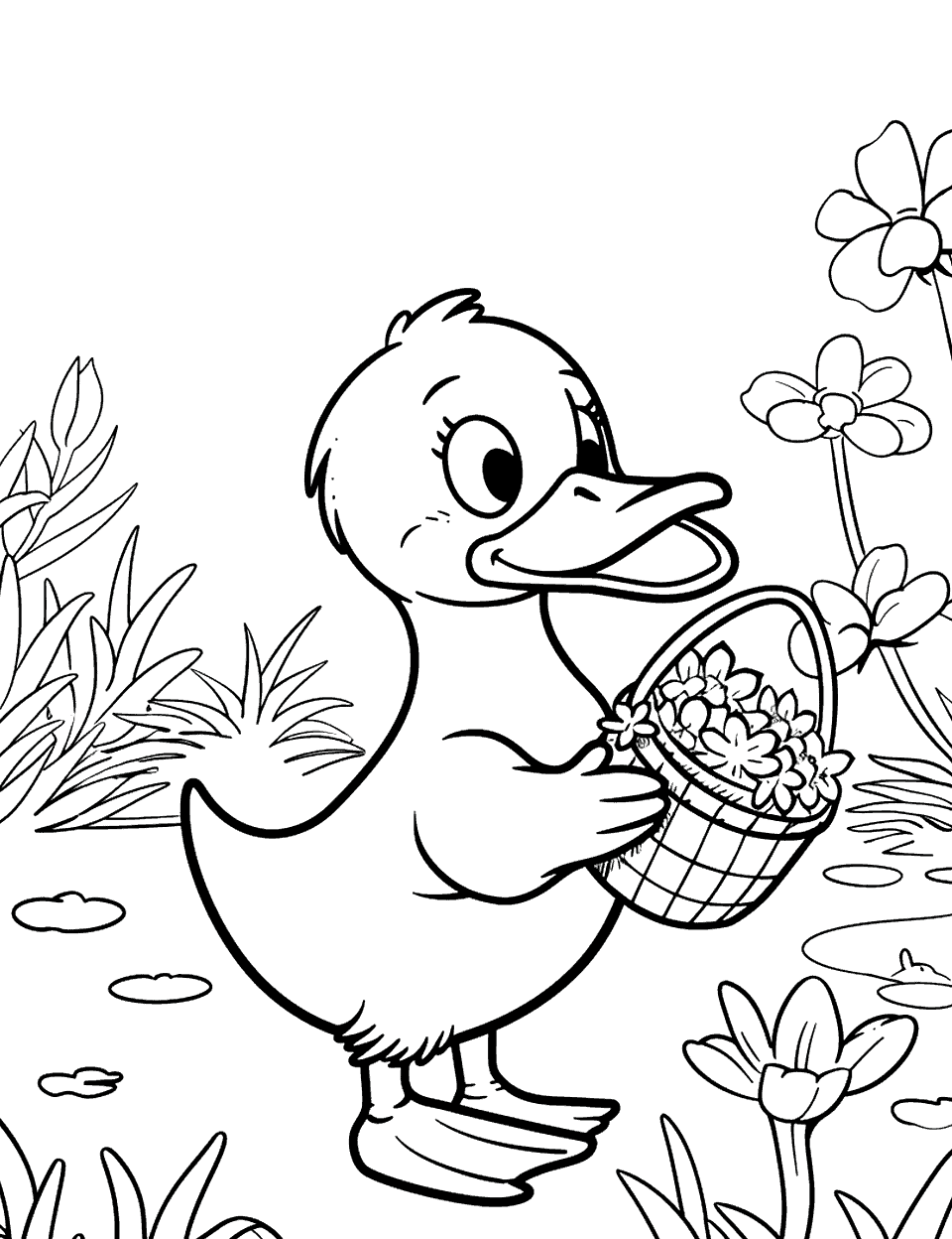 Duck Picking Flowers Coloring Page - Duck in a beautiful garden, picking flowers with a basket.